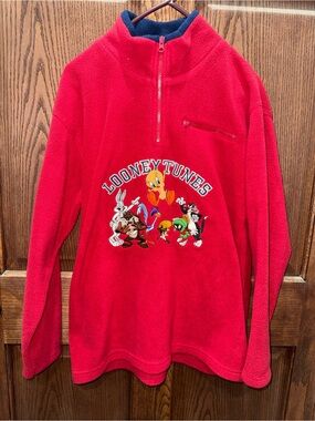 Looney Tunes Red Fleece Pullover with Character Graphic Vintage Y2K